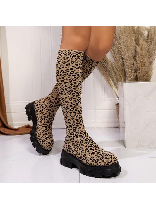 Leopard print chunky heel boots with stylish sock design for a trendy look