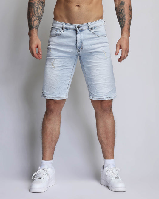 Logeqi Light Wash Blue Jeans Denim Shorts for Men with Distressed Details and Comfortable Fit