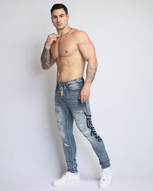 Logeqi light wash blue ripped jeans featuring a stylish fit and distressed details for a trendy look