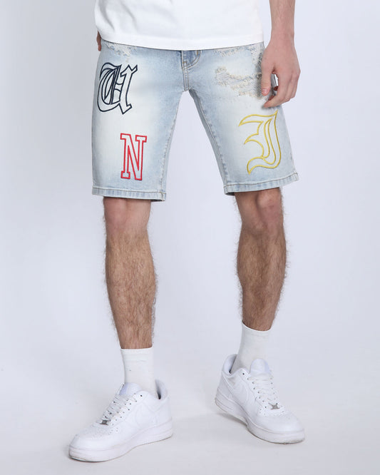 Logeqi light wash denim shorts with colorful graphic patches for a trendy casual look