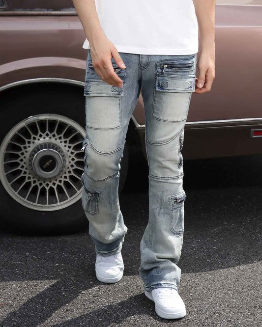 Logeqi light wash distressed cargo jeans with multiple pockets for a stylish casual look