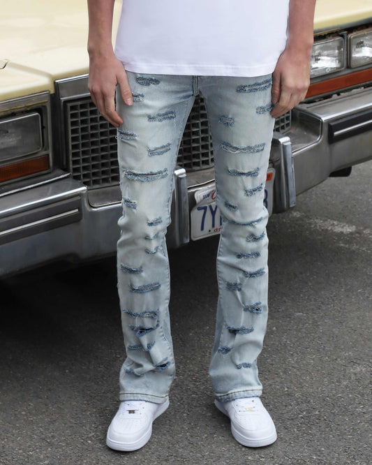 Logeqi light wash flared jeans with distressed details perfect for casual outfits