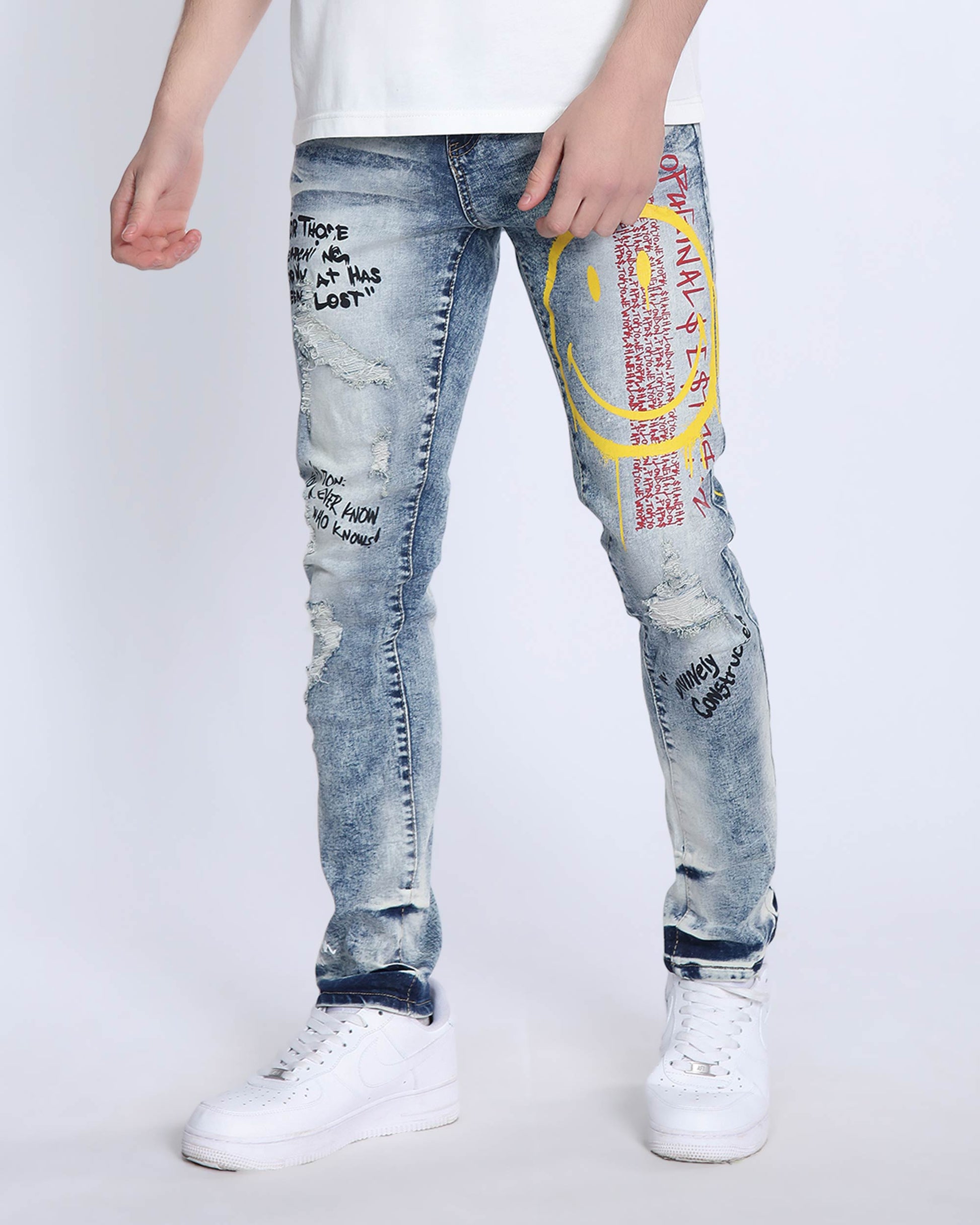 Logeqi light wash ripped jeans with graffiti designs and slim fit for a trendy look