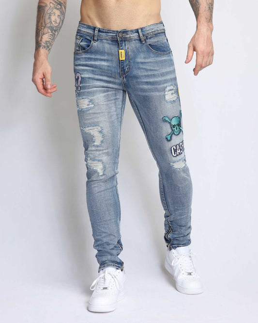 Logeqi light wash ripped jeans with unique graphic patches for a stylish casual look