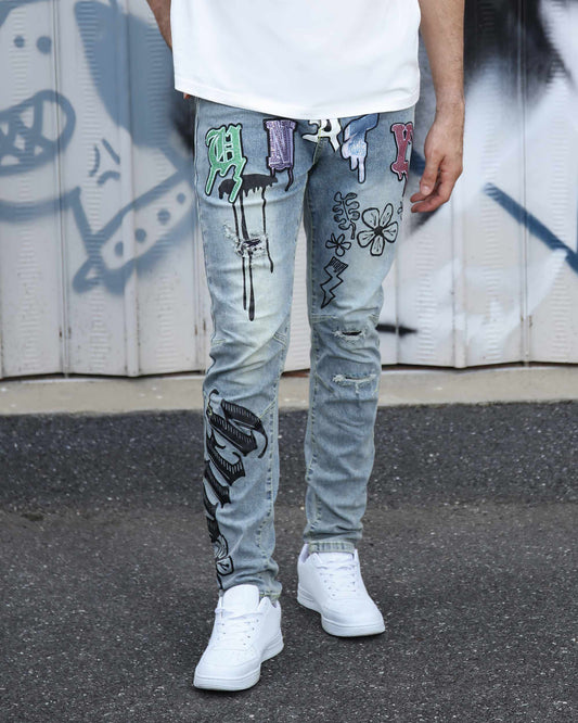 Logeqi light wash street art jeans with colorful graffiti-style patches and distressed details