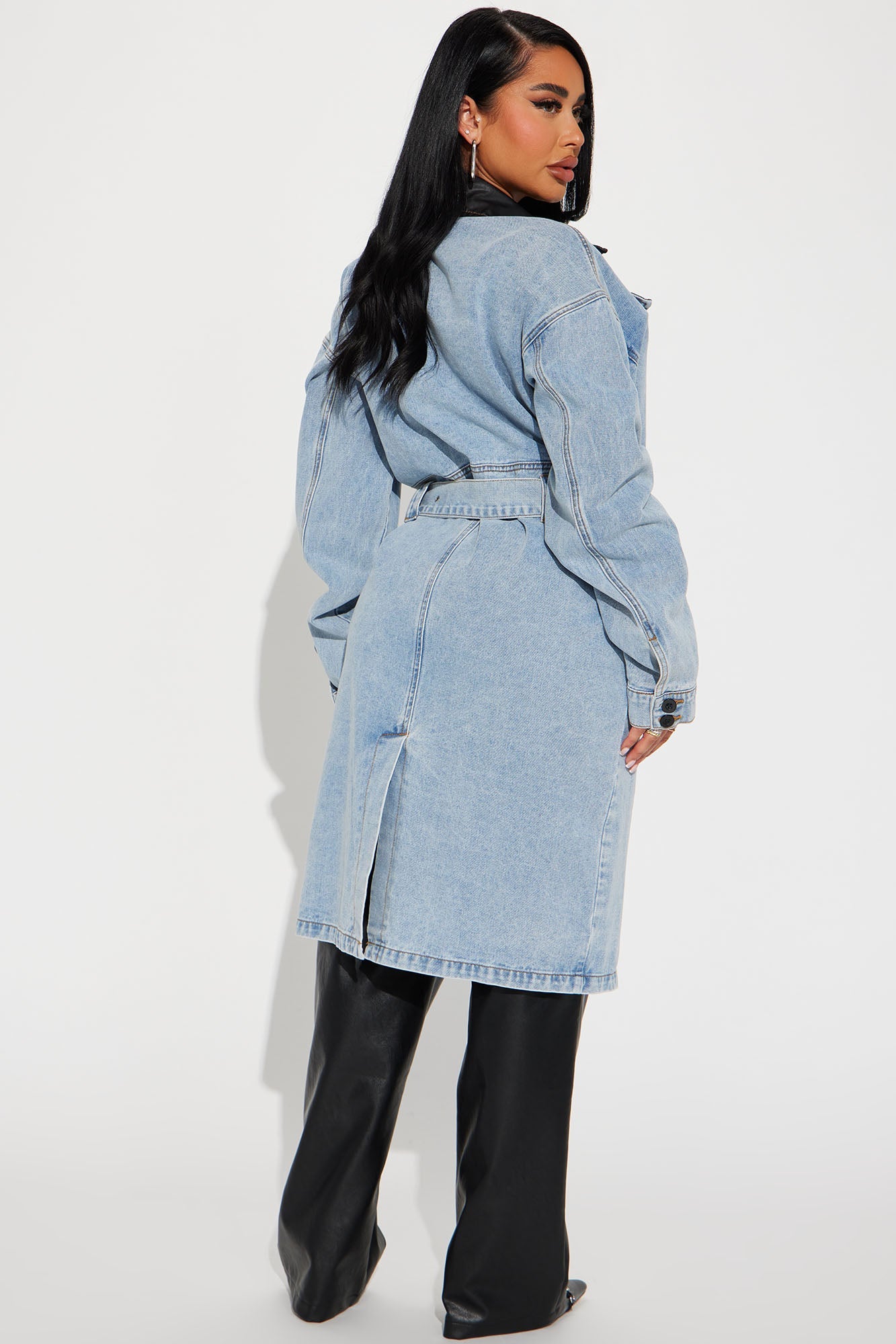 Fashion Nova light wash trench coat for women with a stylish belted design and back slit detail