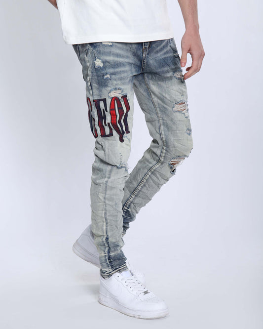Logeqi light washed ripped jeans featuring stylish distressing and a slim fit design