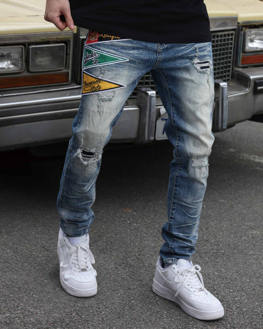 Logeqi medium wash distressed jeans with unique patches and a relaxed fit for casual style