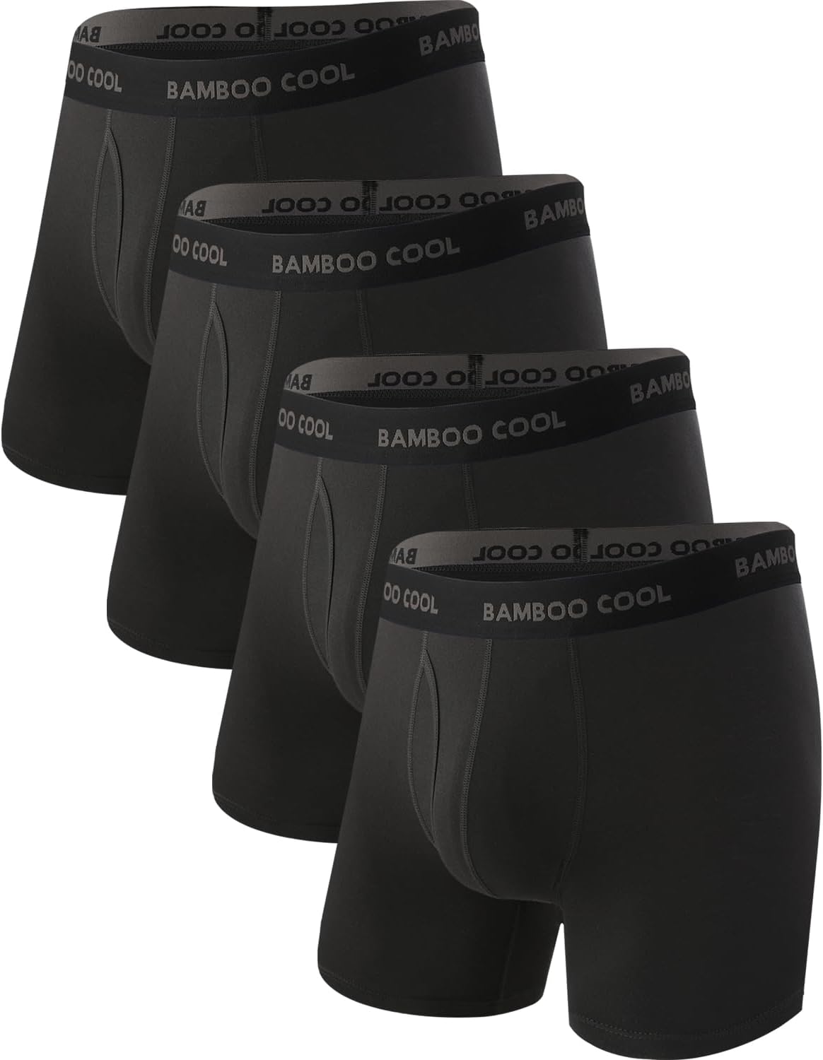 Set of four black men's bamboo boxer briefs with comfortable waistband for all-day wear