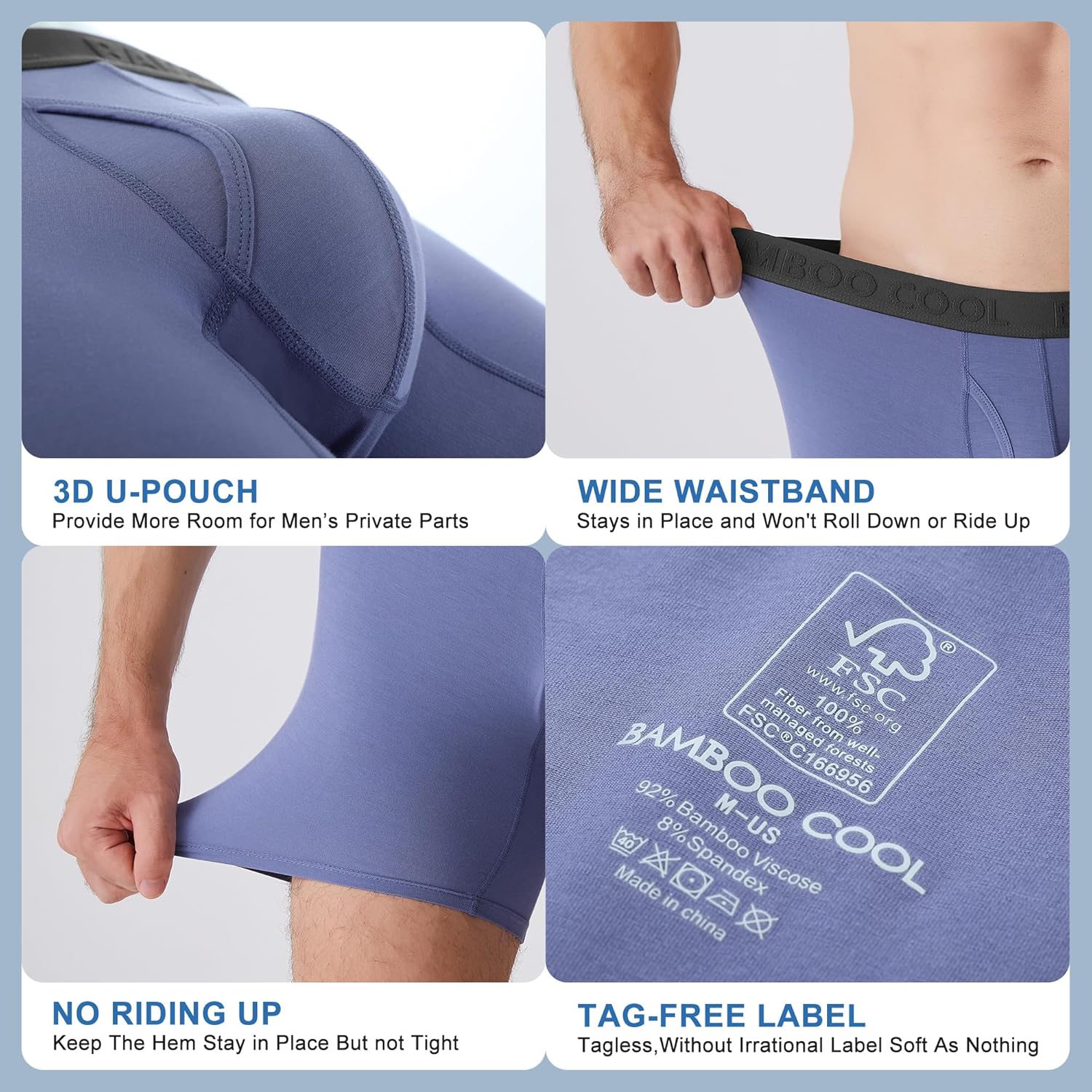 Men's bamboo boxer briefs featuring a 3D U-pouch and wide waistband for ultimate comfort