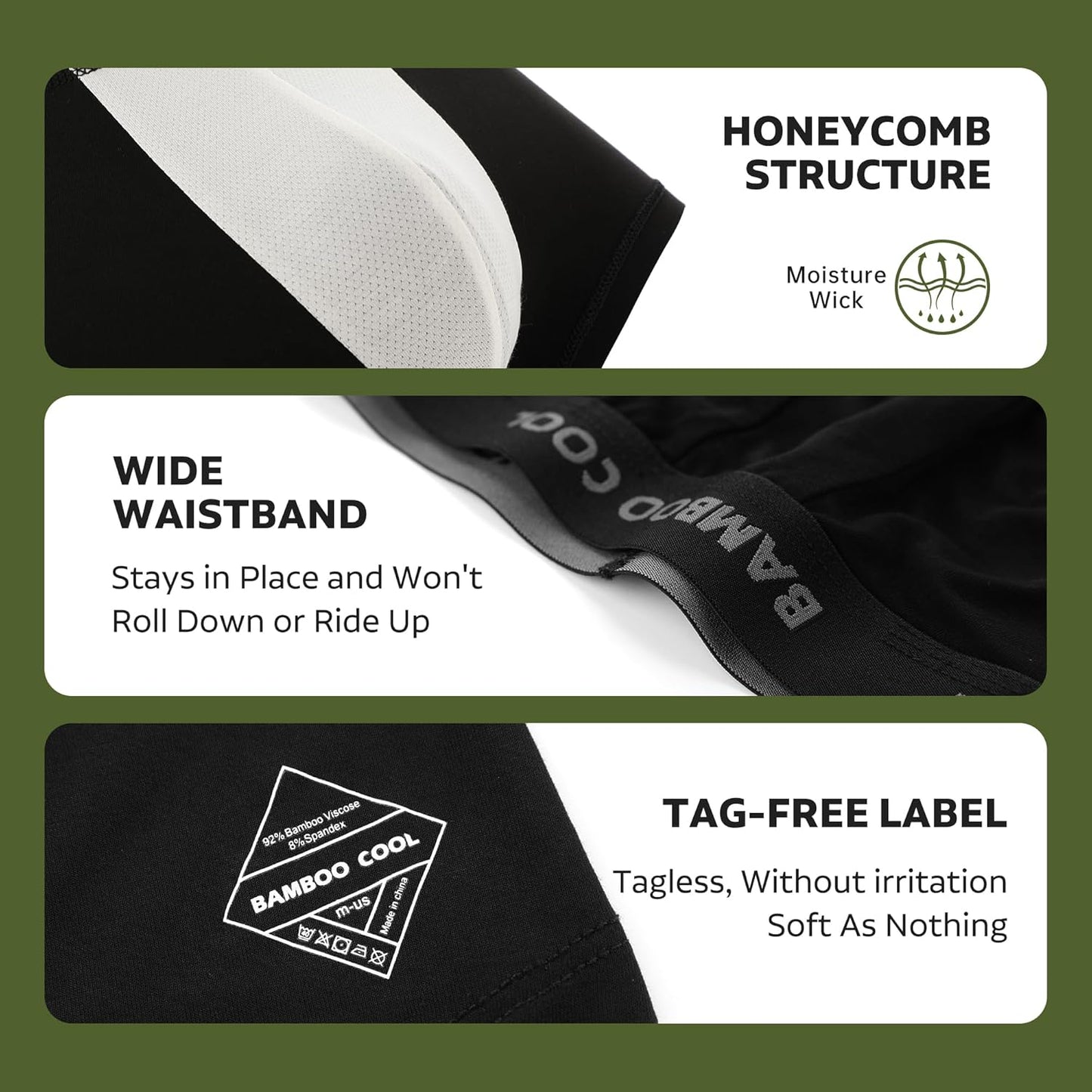 Men's bamboo boxer briefs with honeycomb structure and wide waistband for comfort and support
