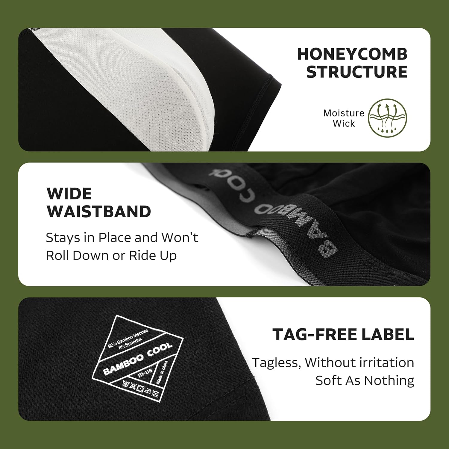 Men's bamboo boxer briefs with honeycomb structure and wide waistband for comfort and support