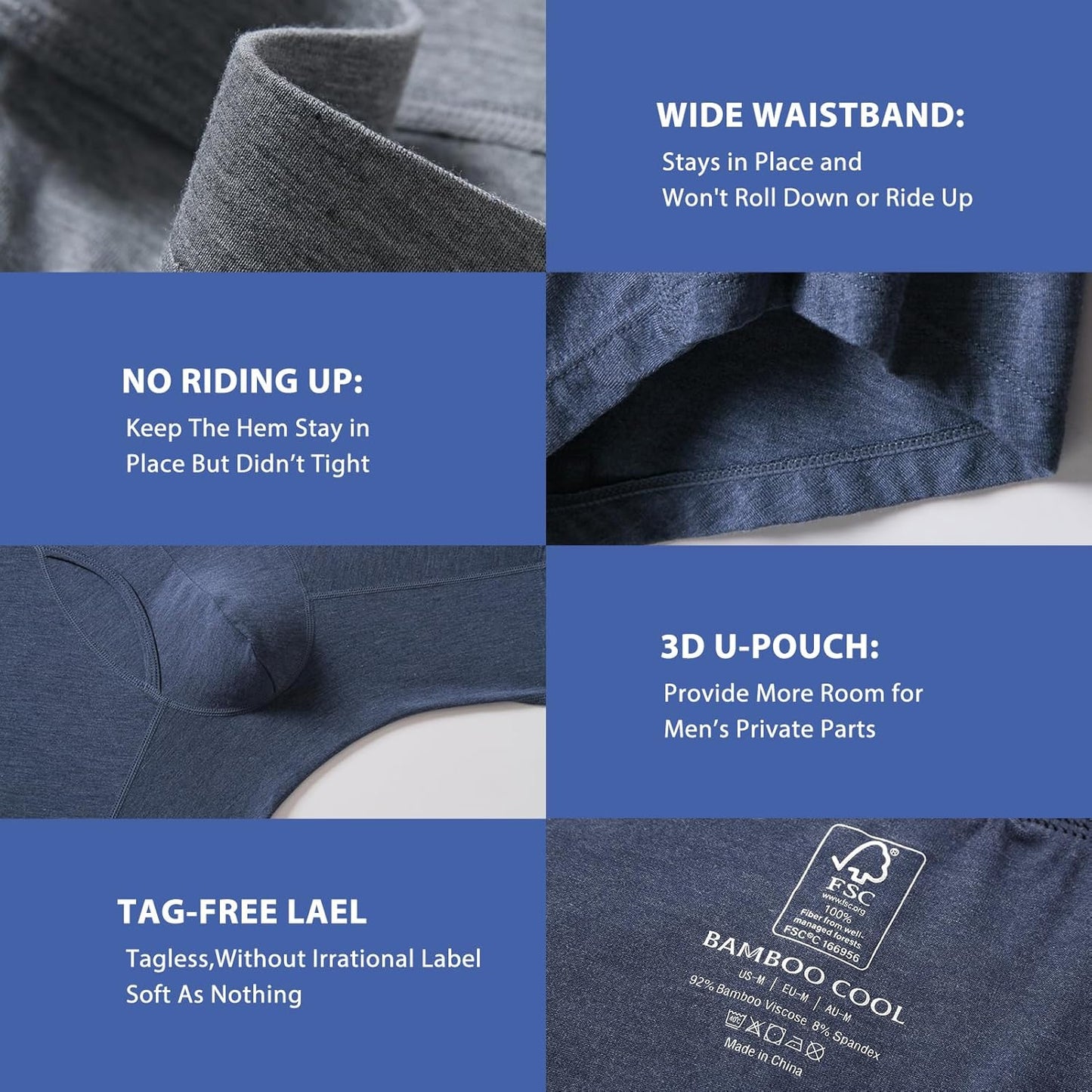 Modan Online men's bamboo boxer briefs with wide waistband, no riding up, and tag-free label for comfort