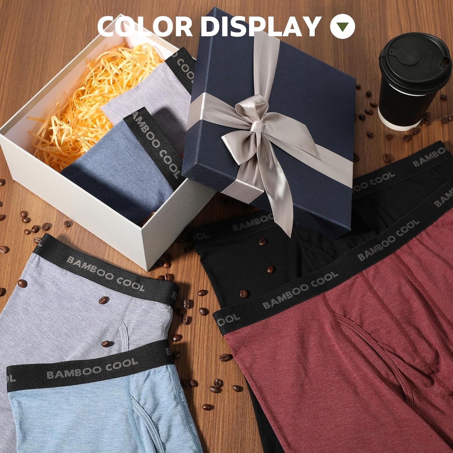 Men's bamboo boxer briefs in various colors, packaged in a gift box with a ribbon