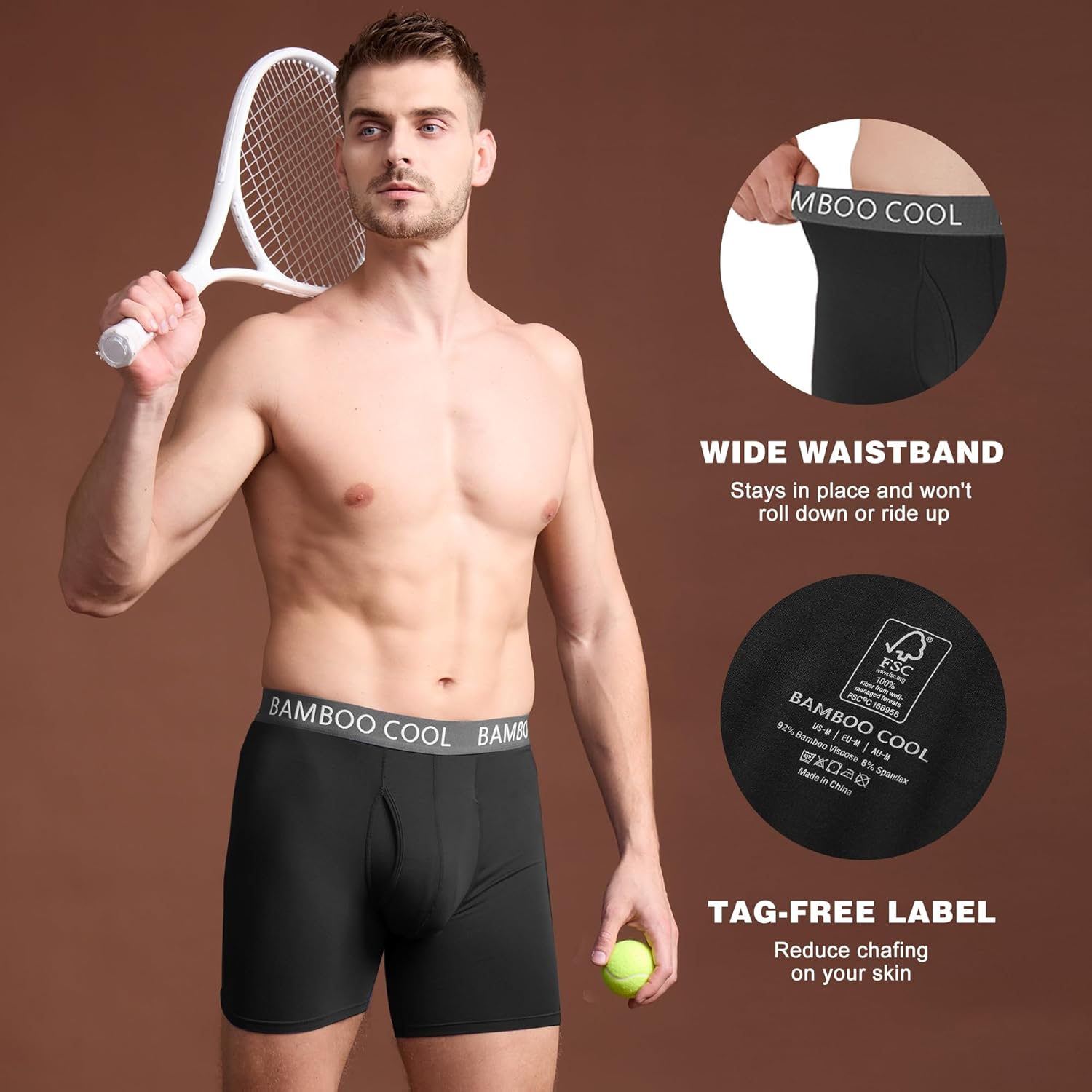 Men's bamboo boxer briefs with wide waistband and tag-free label for comfort and support