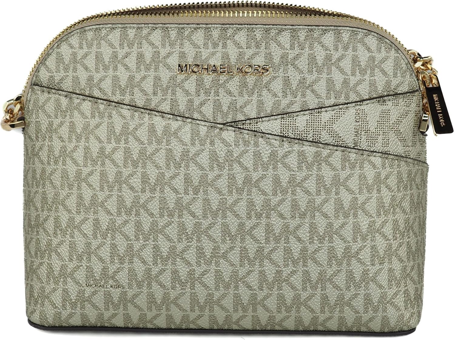 Michael Kors crossbody leather handbag featuring a chic design with logo pattern and zip closure.