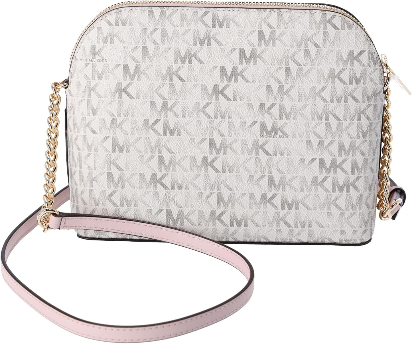 Michael Kors crossbody leather handbag featuring a stylish logo pattern and a chic chain strap