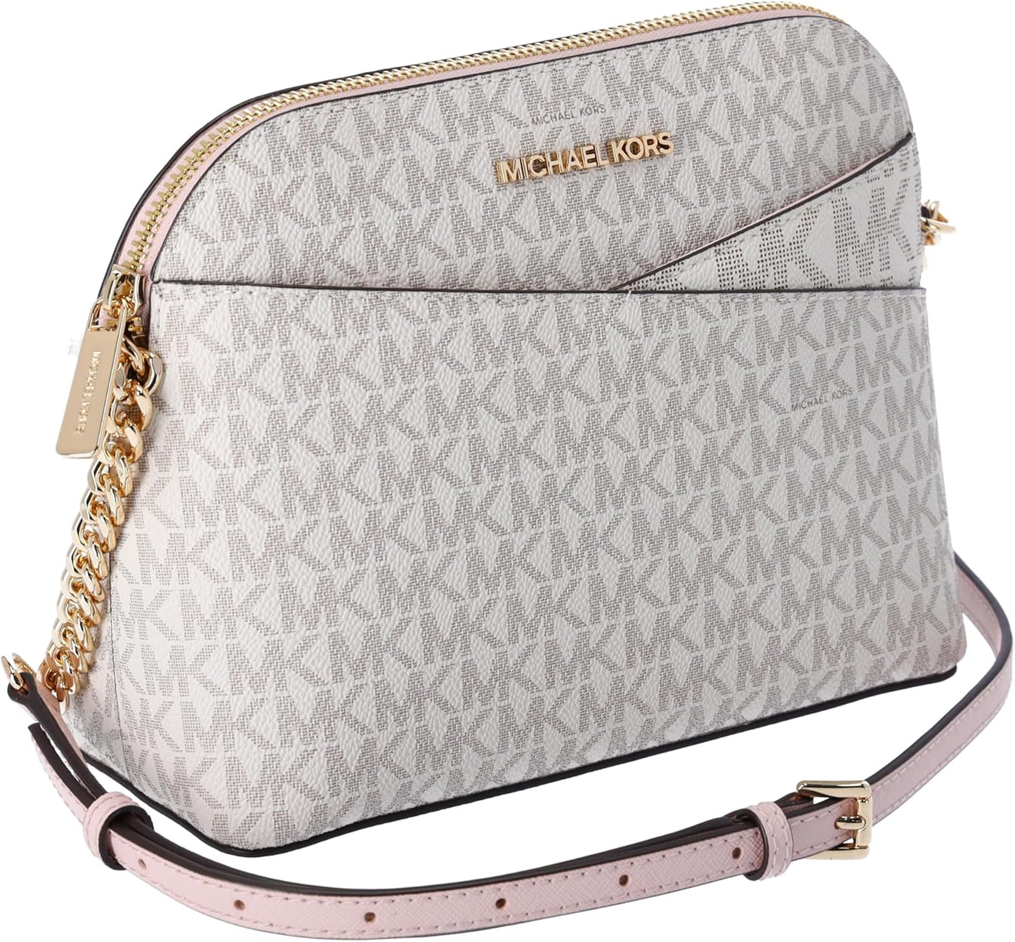 Michael Kors crossbody leather handbag in light gray with logo pattern and gold-tone details