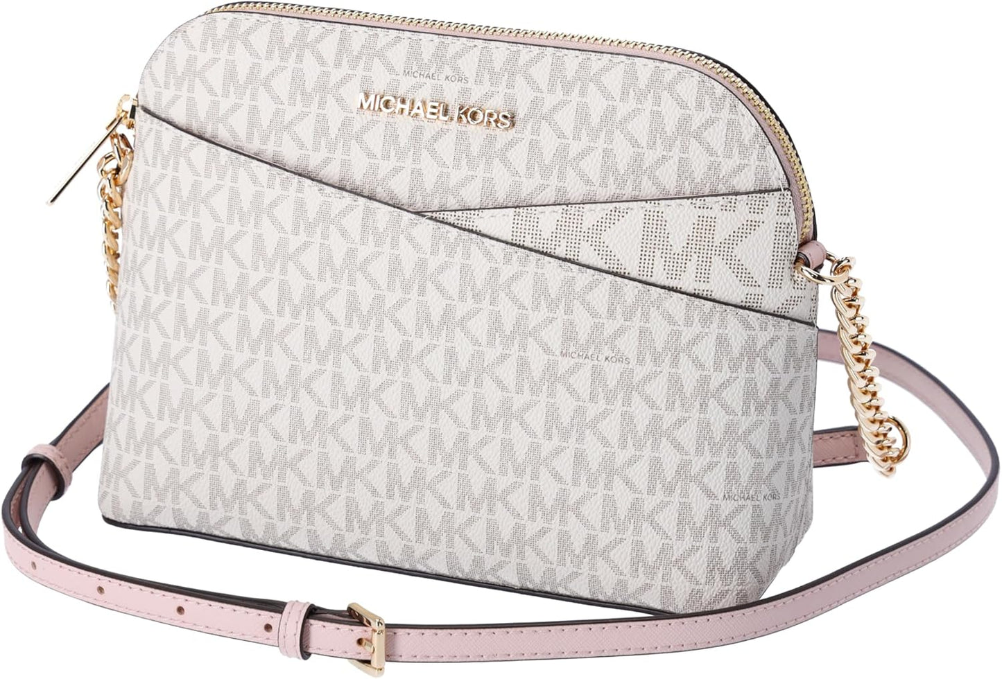 Michael Kors crossbody leather handbag in light beige with gold accents and signature logo design