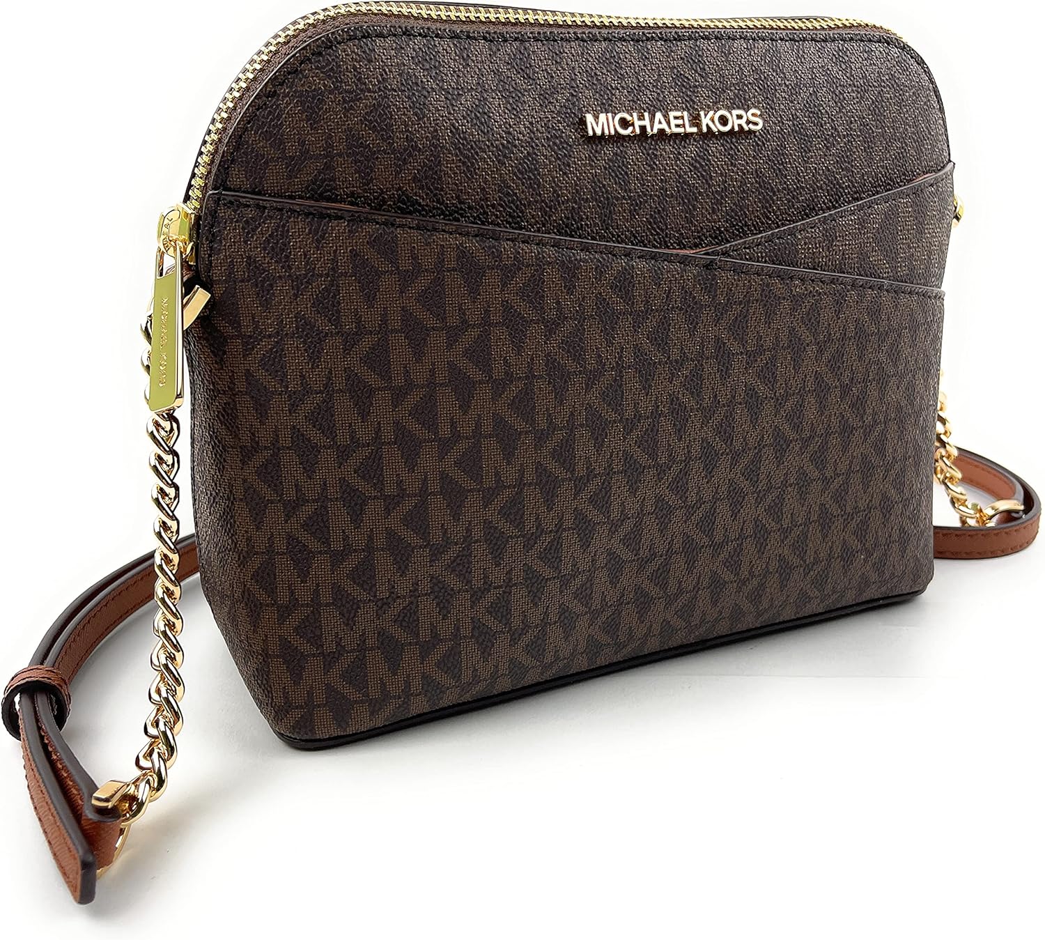Stylish Michael Kors crossbody leather handbag with a signature print and gold accents