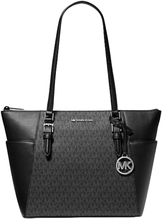 Modan Online black Michael Kors Charlotte Saffiano leather handbag. tote with MK charm and long straps