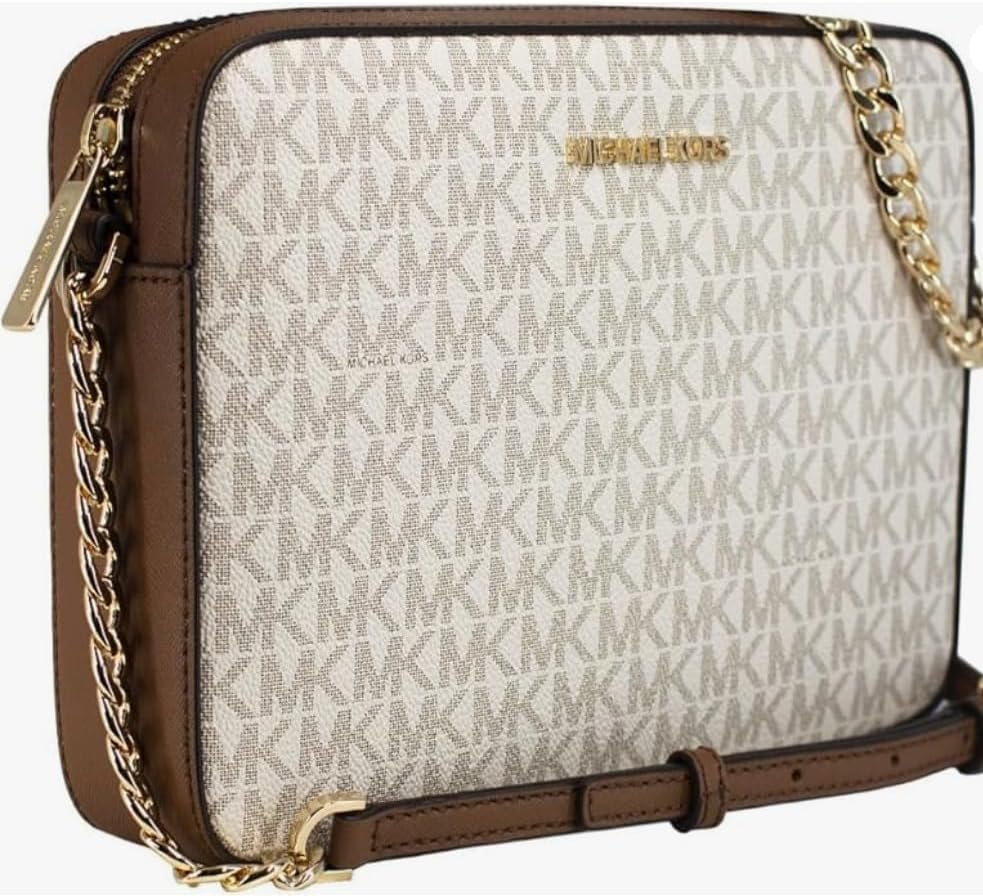 Michael Kors vanilla crossbody bag featuring a stylish design and gold chain details