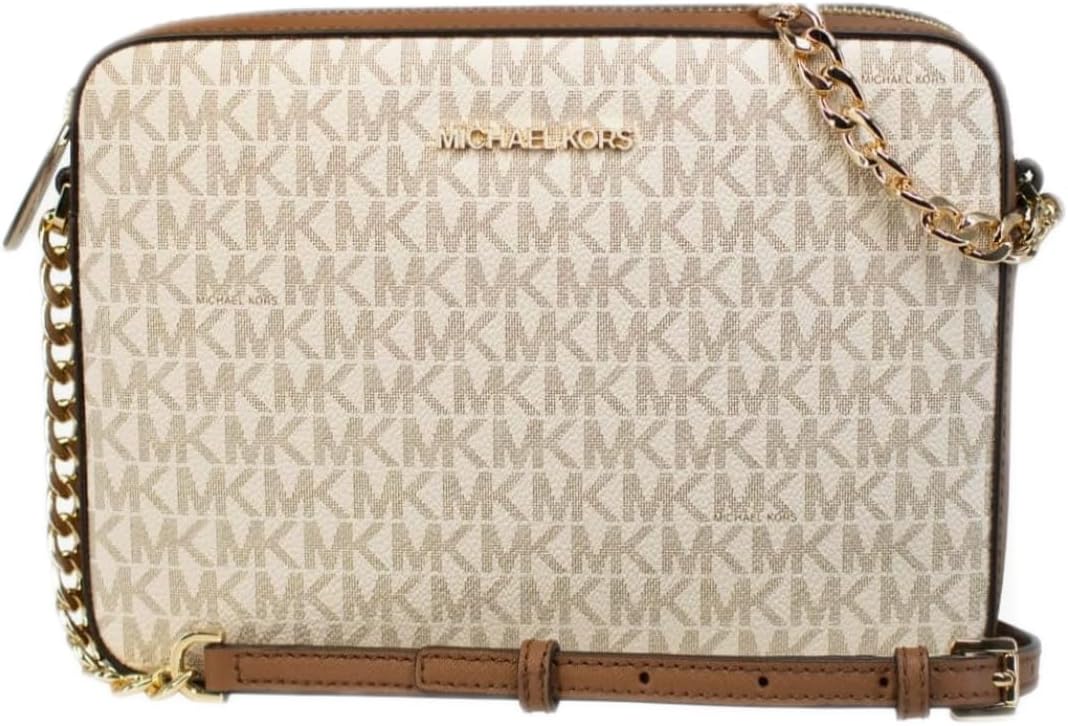 Michael Kors vanilla crossbody bag with gold-tone chain and logo pattern for stylish everyday use