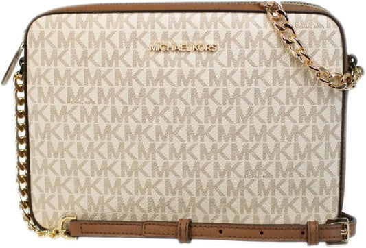 Michael Kors vanilla crossbody bag with gold-tone chain and logo pattern for stylish everyday use
