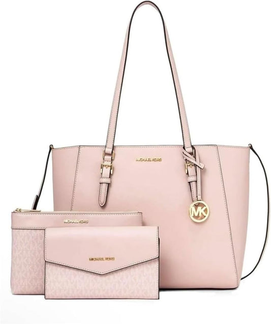 Modan Online pink leather shoulder bag set featuring Michael Kors Charlotte crossbody bag wallet and pouch