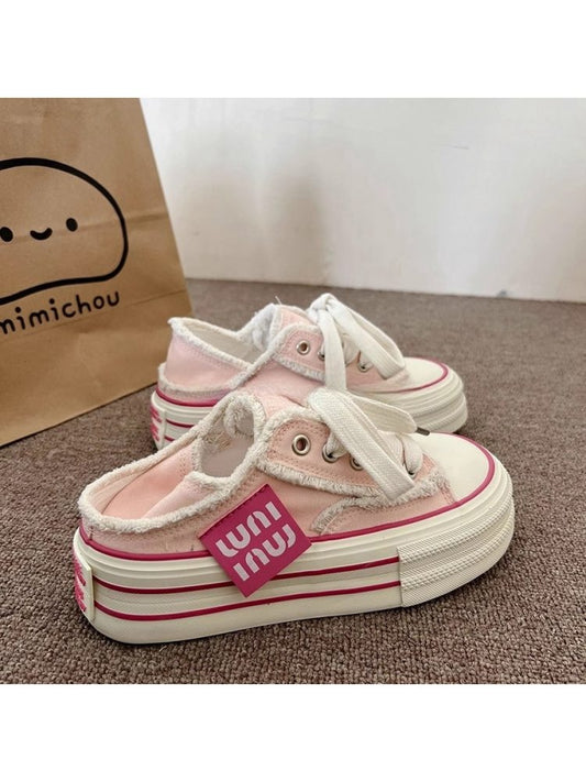 Wholesale7 pink lace up flat heel slippers with white laces and striped platform sole