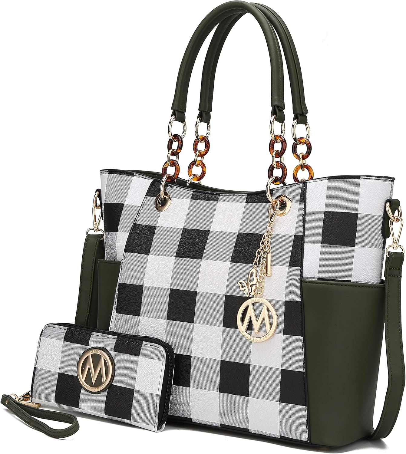 MKF crossbody handbag for women in black and white checkered pattern with matching wallet