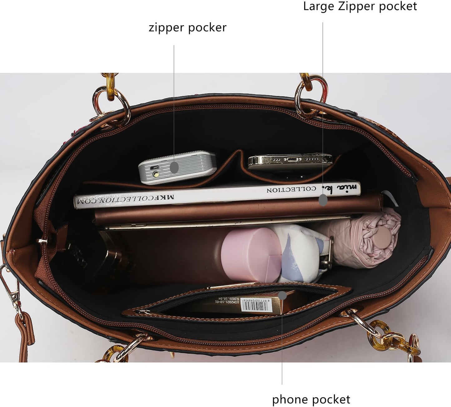 Inside view of the MKF crossbody handbag for women showing multiple pockets and storage compartments