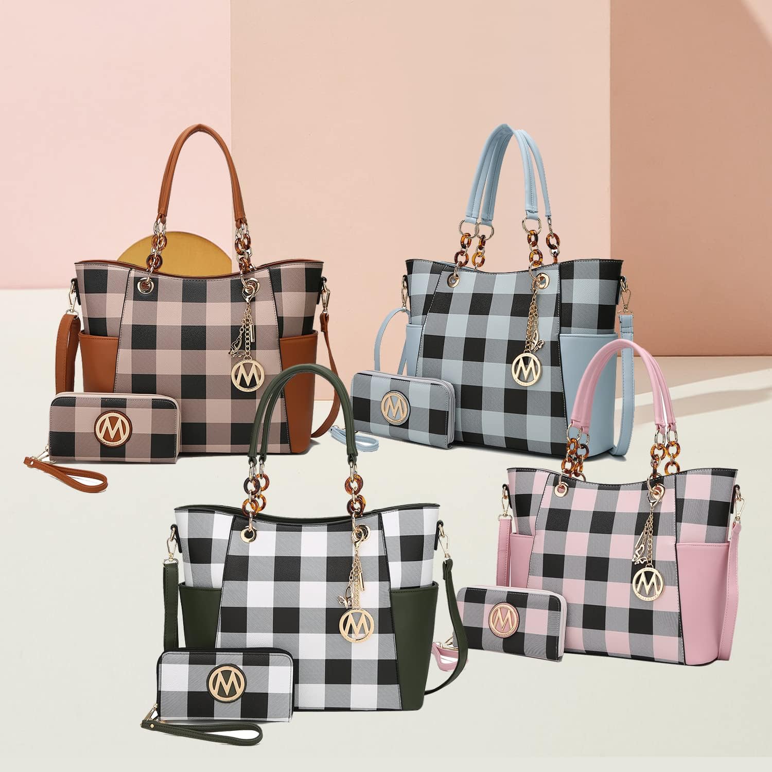 Collection of MKF crossbody handbags for women in plaid designs with matching wallets