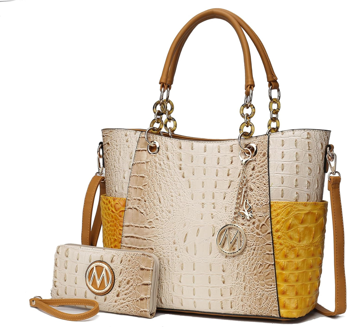MKF crossbody handbag for women in beige and yellow with crocodile texture and matching wallet