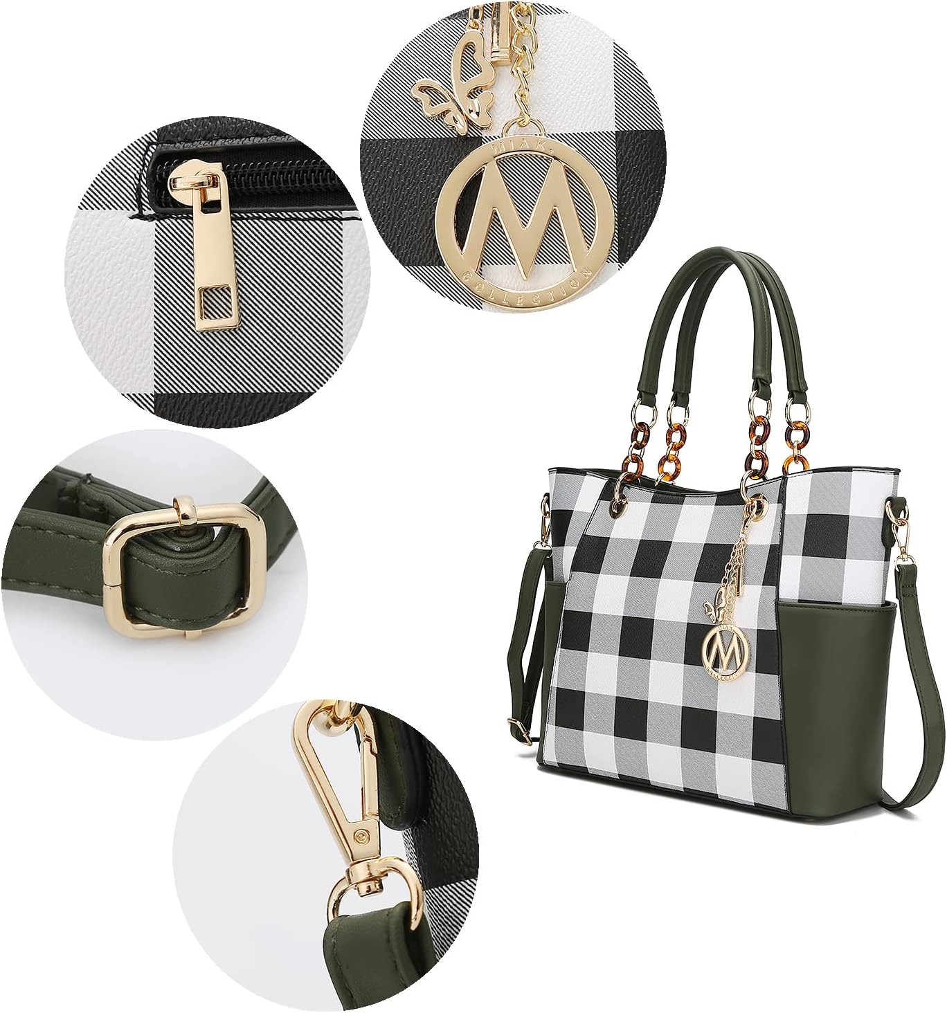 MKF crossbody handbag for women in black and white check pattern with gold accents and adjustable strap