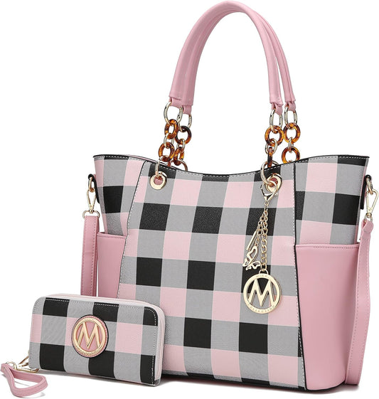 MKF crossbody handbag for women in pink and black checkered design with matching wallet