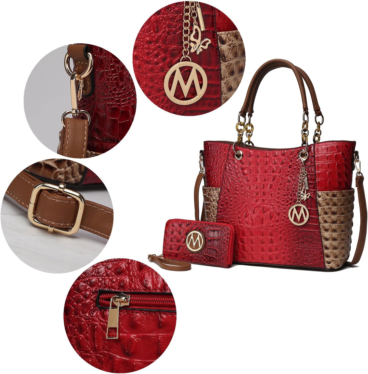 MKF crossbody handbag for women in red and brown with crocodile texture and matching wallet