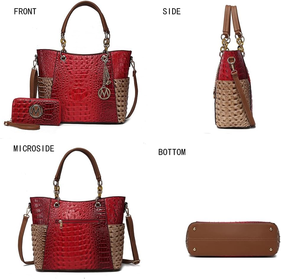 MKF crossbody handbag for women in red and brown with multiple views showcasing design and functionality
