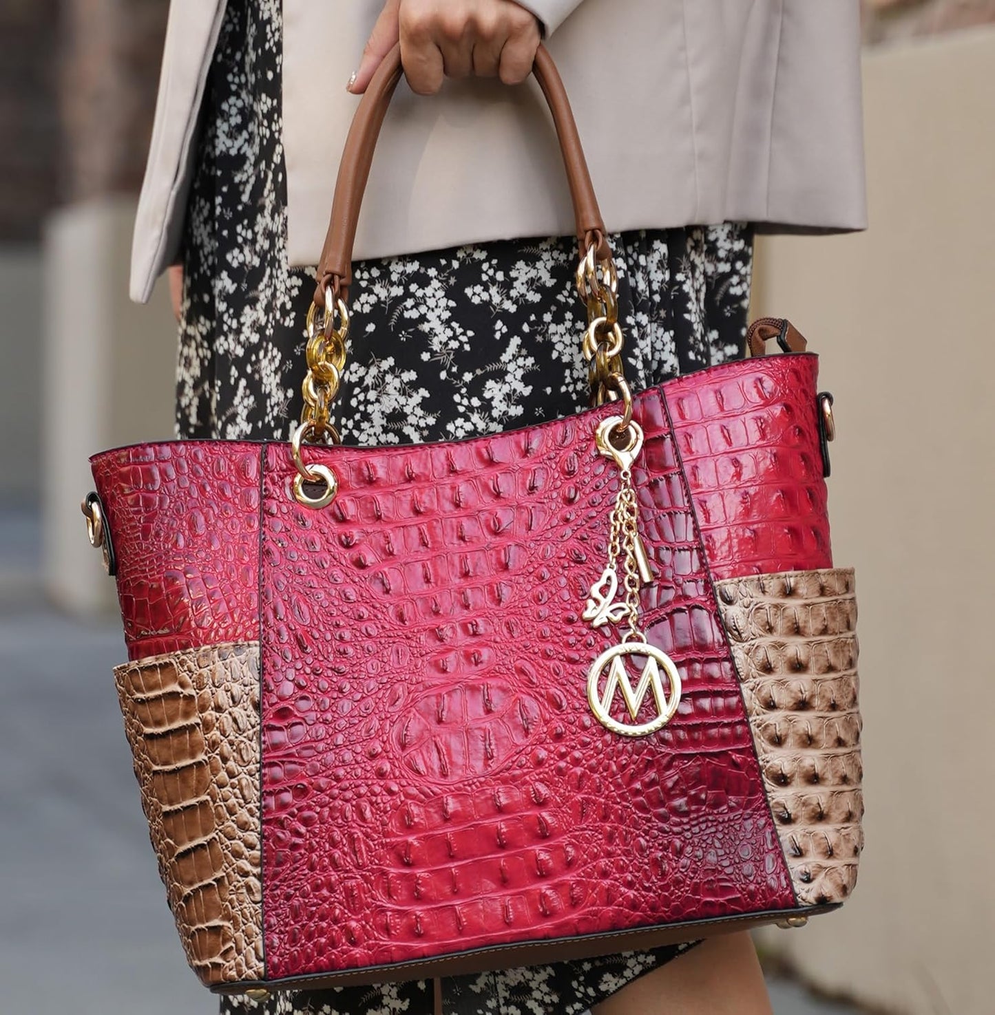 Stylish MKF crossbody handbag for women in red and brown featuring a chic design and golden accents