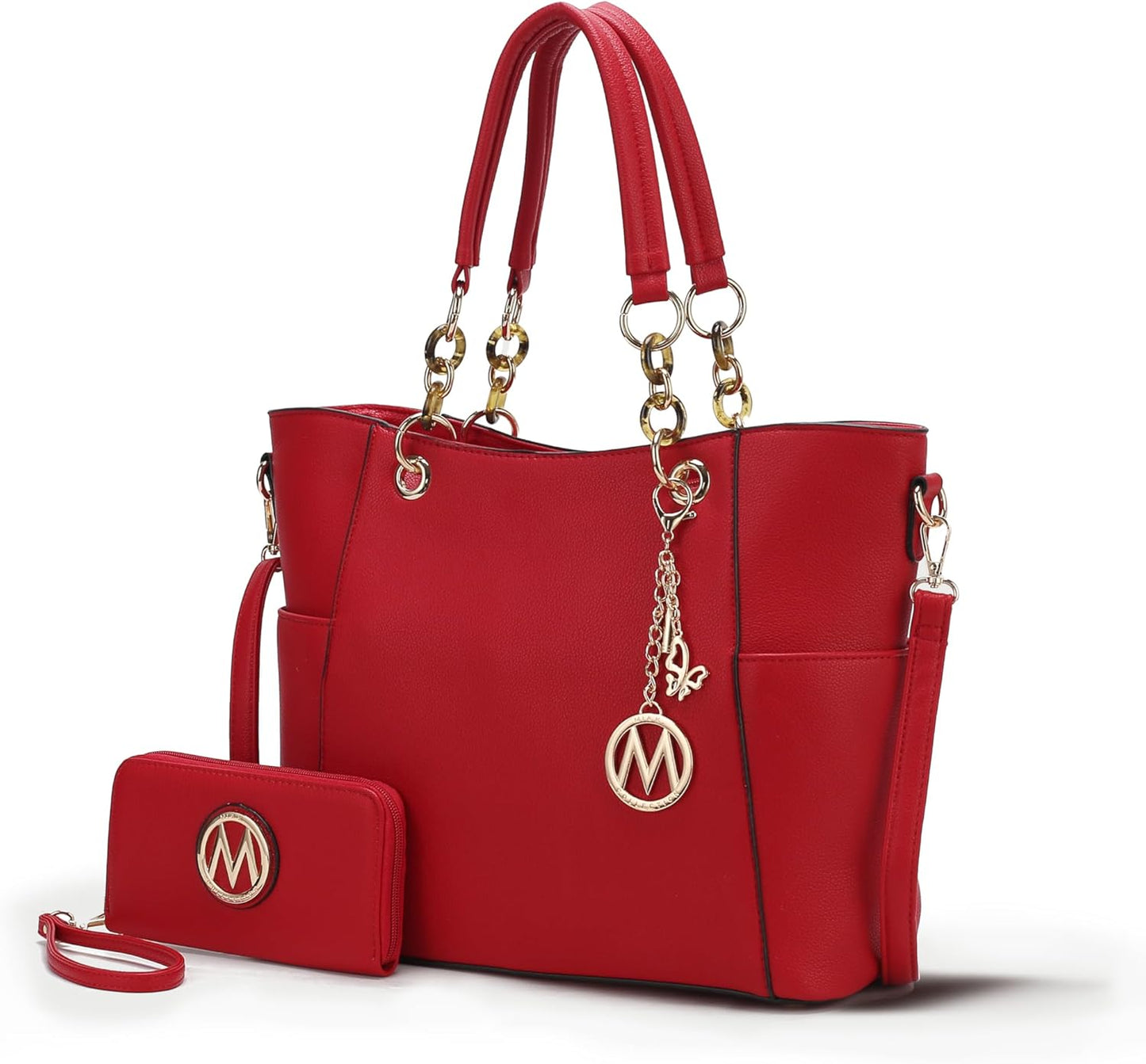 Red MKF crossbody handbag for women with matching wallet and gold hardware accents