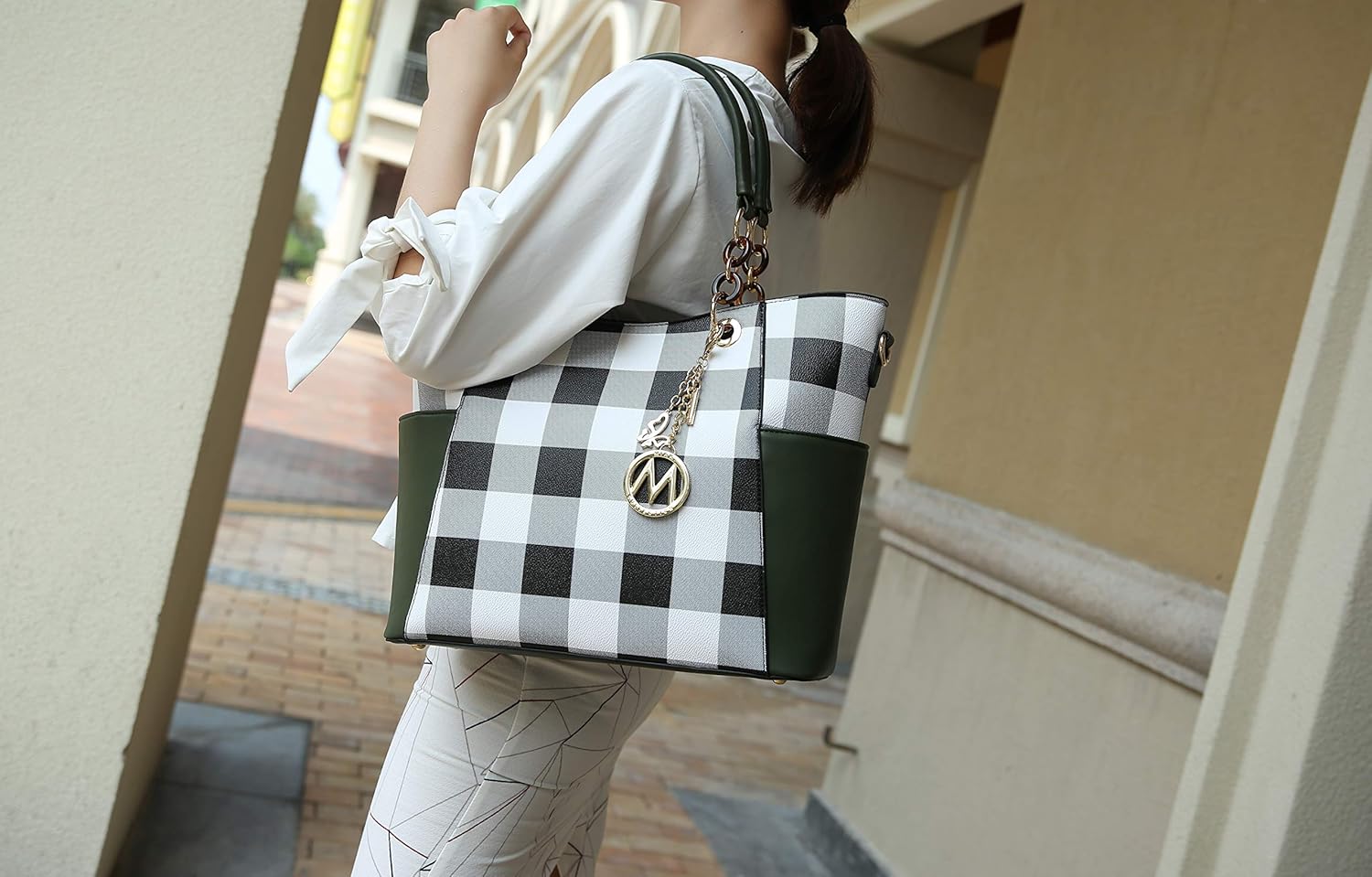 Modan Online MKF crossbody handbag for women in green and black checkered design