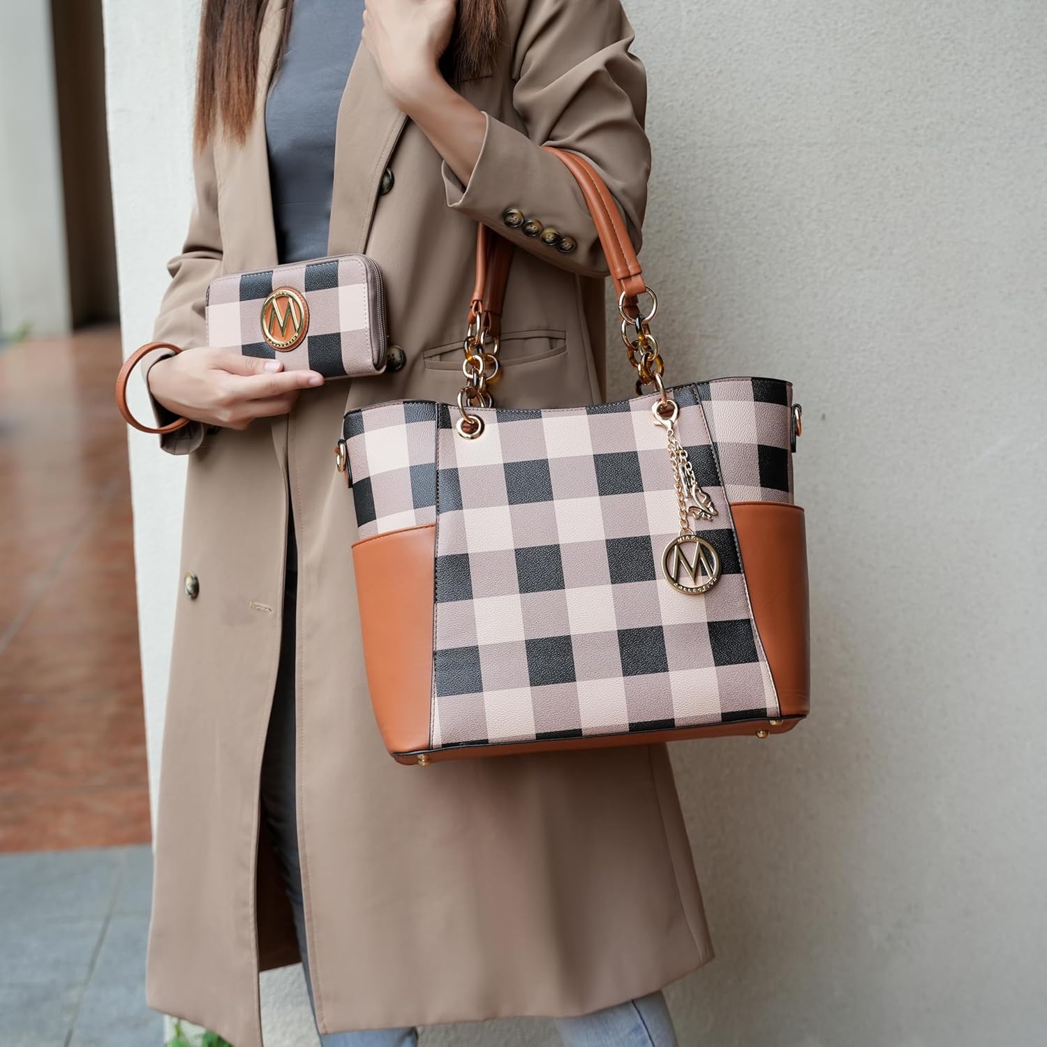 MKF crossbody handbag for women in checkered design with matching wallet and brown accents