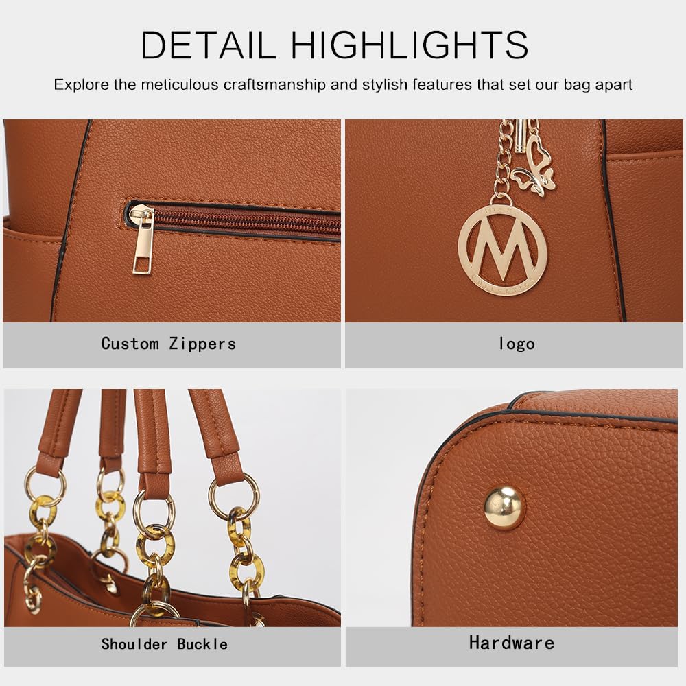 Detail highlights of MKF crossbody handbag for women showcasing zippers, logo, and hardware features