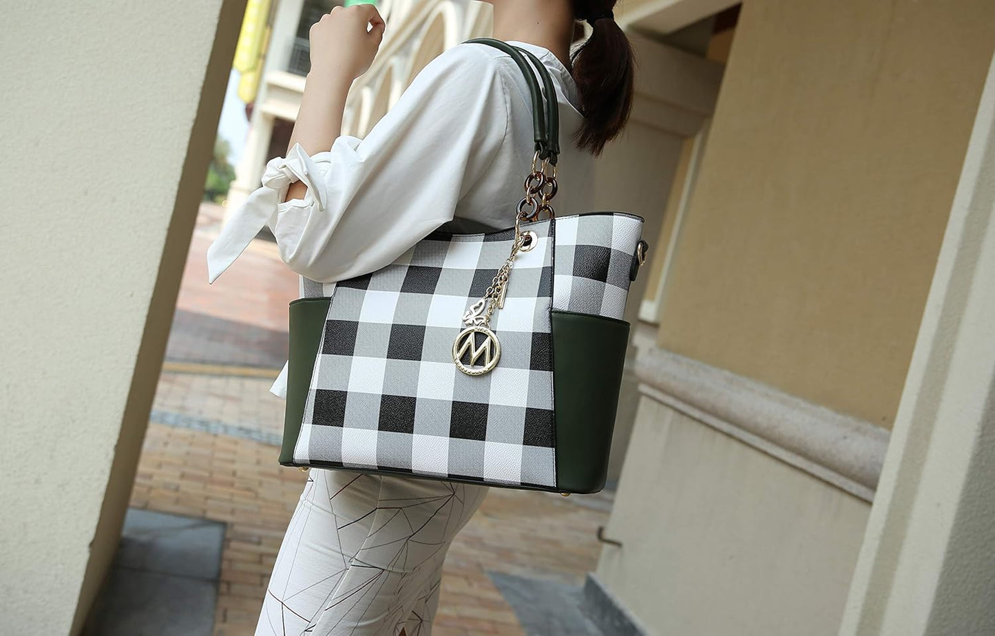 Stylish Modan Online Tote featuring black and white checkered pattern, perfect for carrying the MKF crossbody handbag for women.