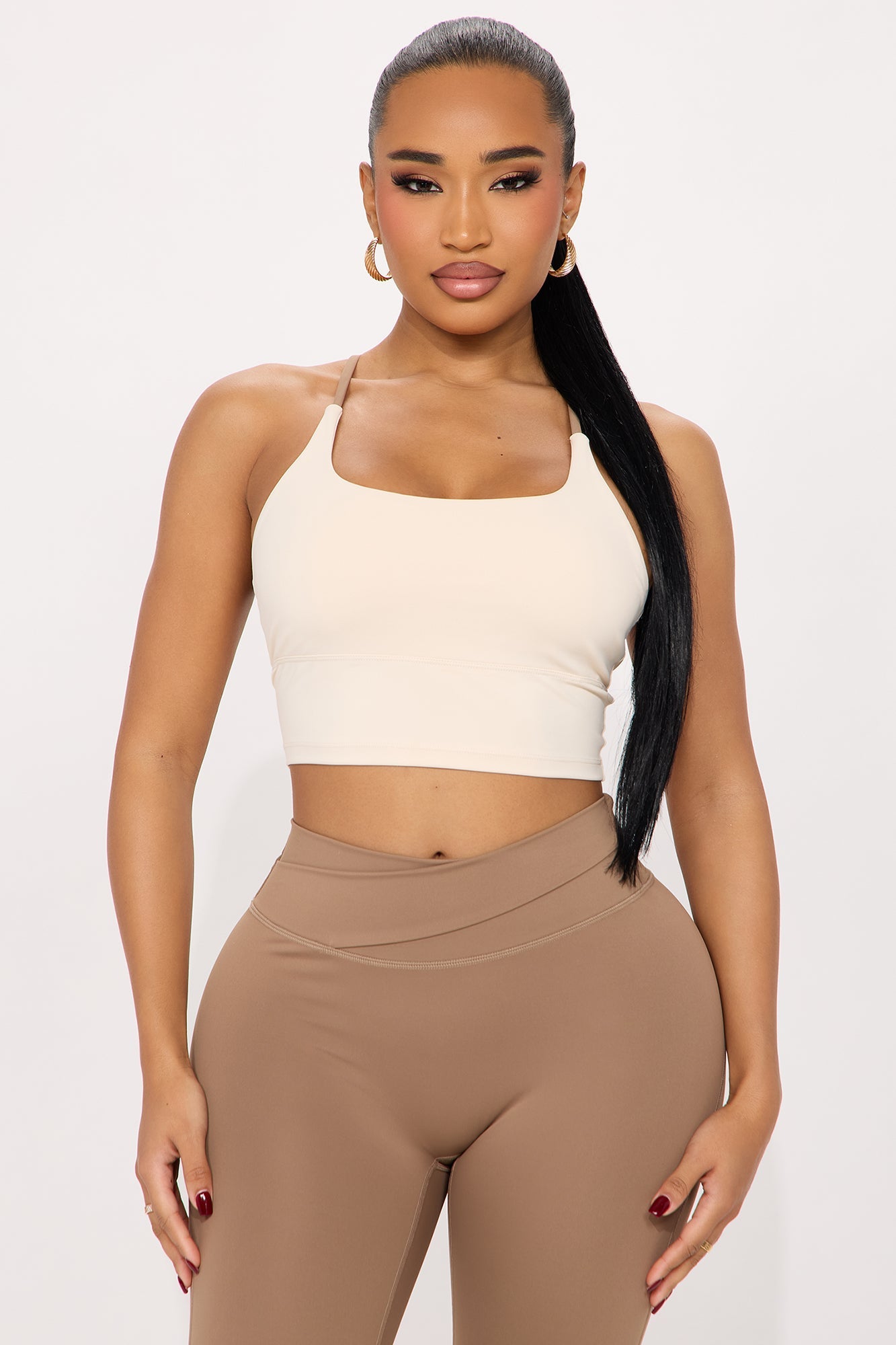 Fashion Nova mocha active crop top featuring a square neckline and adjustable straps for a stylish workout look