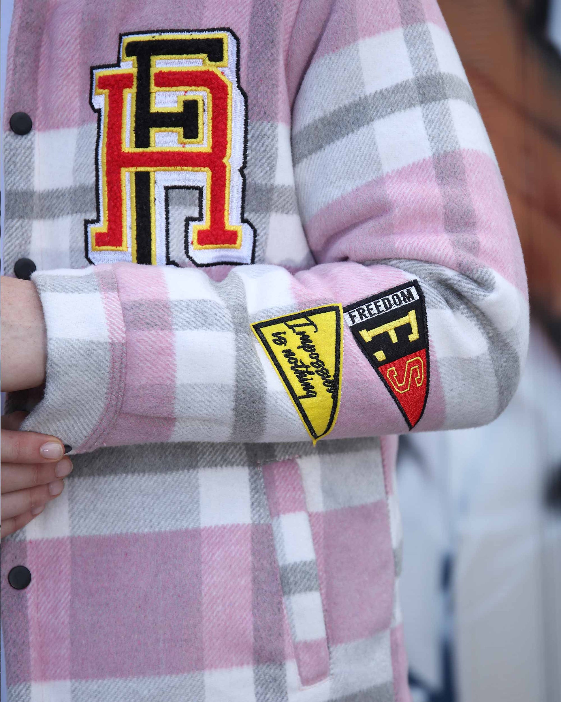 Logeqi modern plaid moto jacket in pink white and gray with embroidered patches on sleeve and chest