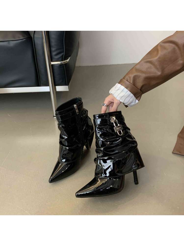 Wholesale7 glossy black modern pointed toe boots with high heels and buckled straps