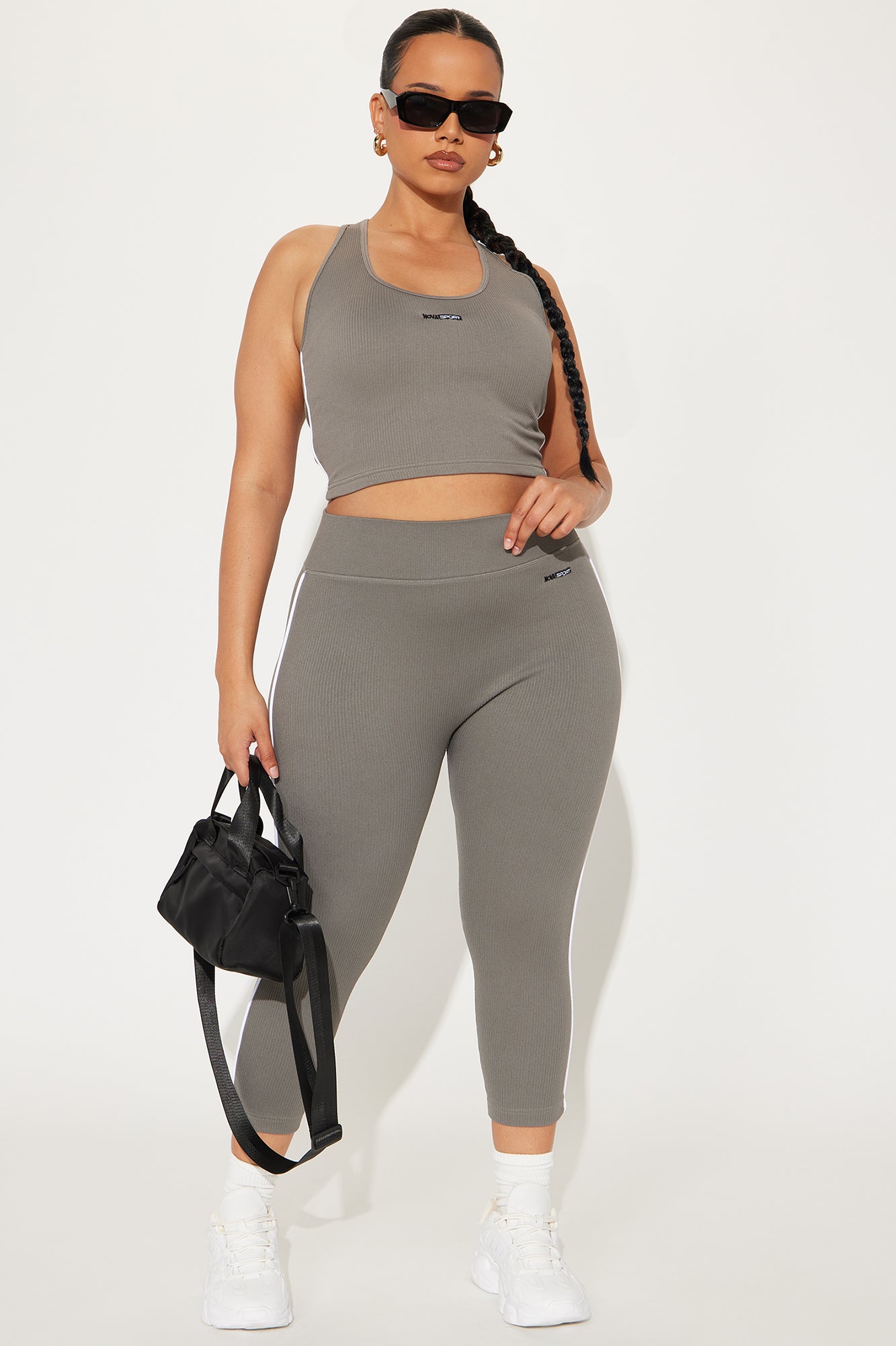 Fashion Nova seamless active top charcoal paired with matching leggings and accessories for stylish workouts