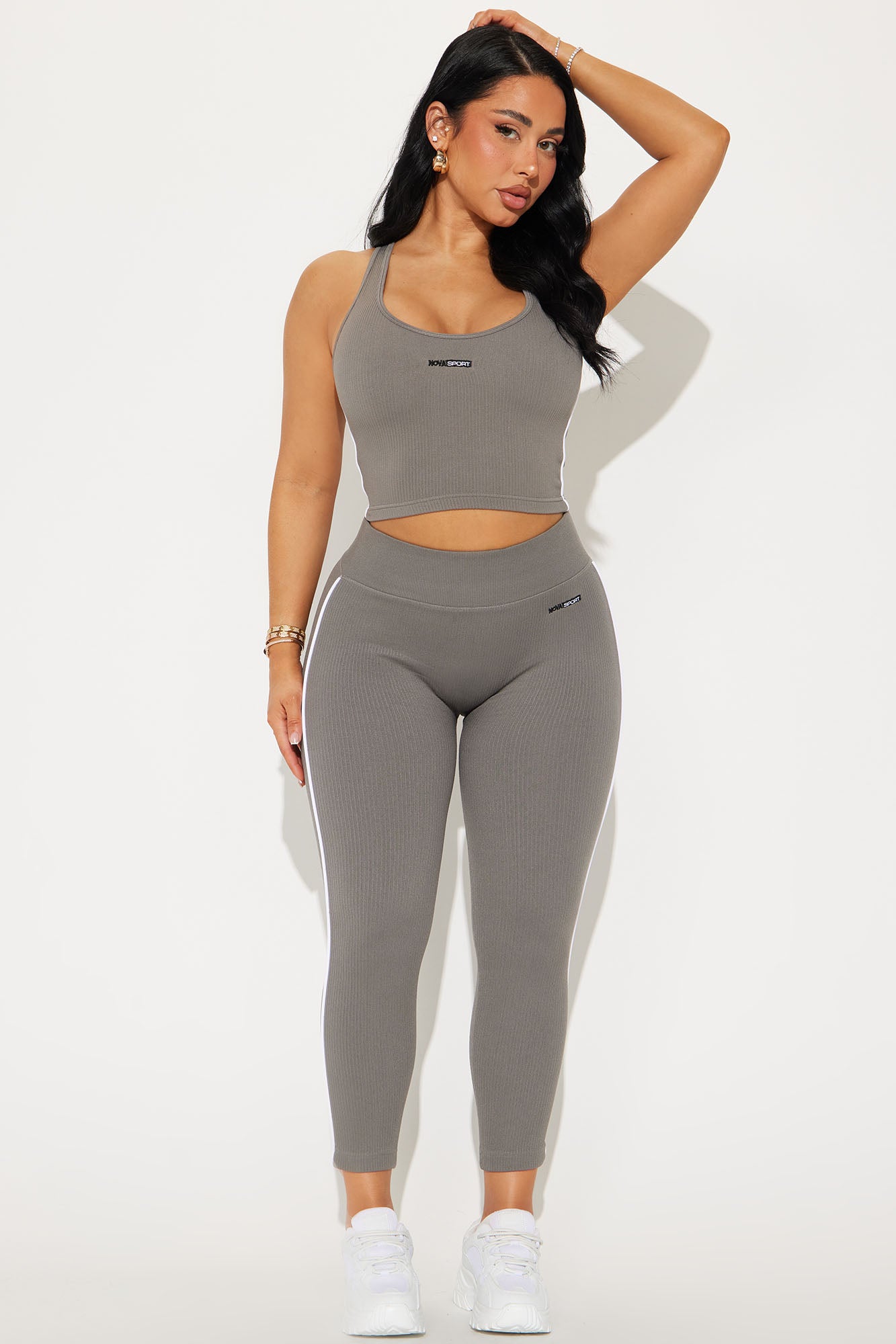 Fashion Nova seamless capri leggings for women in gray with matching sports bra for workout comfort