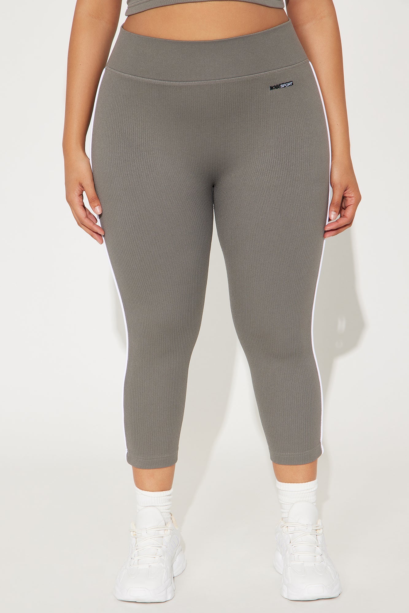 Fashion Nova seamless capri leggings for women in gray with white side stripes and a comfortable fit